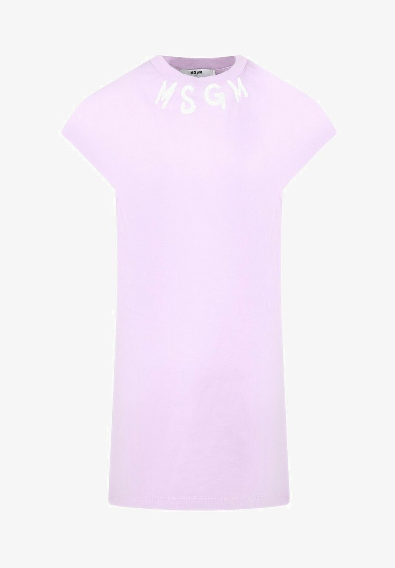 T-shirt en coton lilas avec manches courtes et col rond, arborant l'inscription "MSGM" en blanc sur l'épaule en lettres audacieuses.