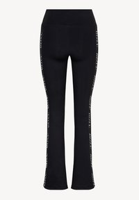 Zwarte uitlopende leggings van rekbaar materiaal, voorzien van zijstrepen met de tekst "BIZZI". Soepele textuur en hoogtaille ontwerp.