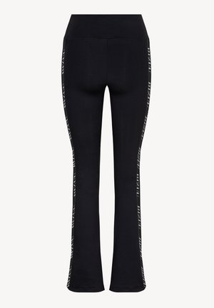 Czarne legginsy rozszerzane z elastycznego materiału, z bocznymi paskami z napisem "BIZZI". Gładka tekstura i wysoki stan.