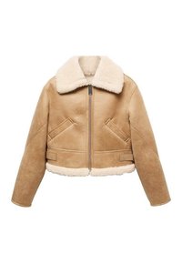 Brun ruskindskort jakke med en blød beige shearling-krave, lynlåslukning foran og to sidelommer. Den teksturerede finish øger varmen.