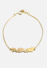 Pulsera de oro con la palabra "mama" en escritura cursiva, con un acento de corazón. El diseño de la cadena es delicado e incluye un cierre ajustable.