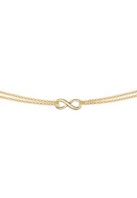 Guld kæde med et infinity symbol som centrum, med delikate led og en glat, poleret finish.