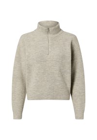 Pull-over quarter zip gris clair avec texture côtelée, manches longues et col montant. Présente un design simple et discret.