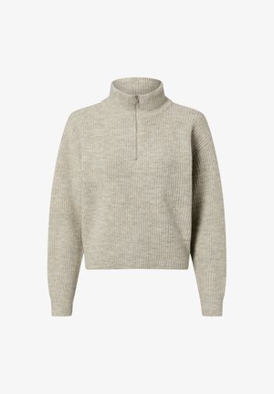 Pull-over quarter zip gris clair avec texture côtelée, manches longues et col montant. Présente un design simple et discret.