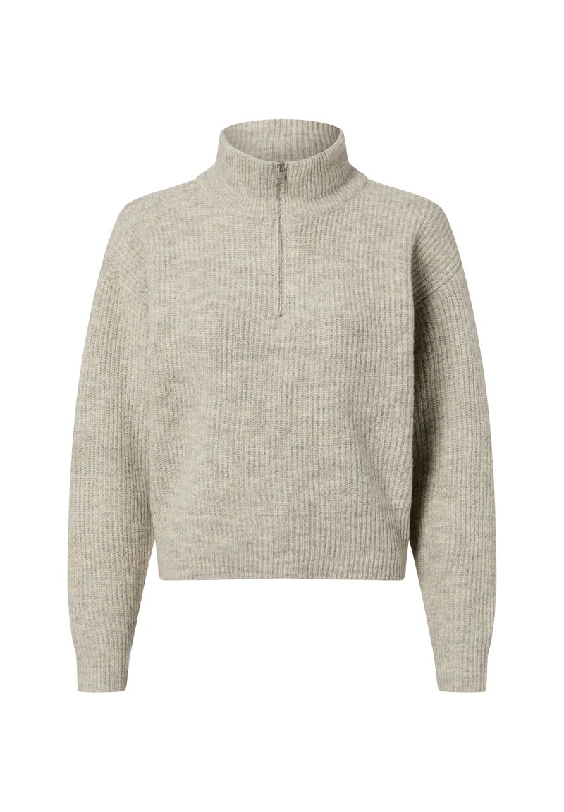 Pull-over quarter zip gris clair avec texture côtelée, manches longues et col montant. Présente un design simple et discret.