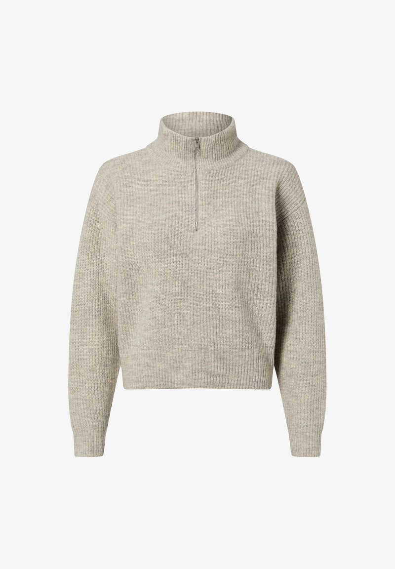 Pull-over quarter zip gris clair avec texture côtelée, manches longues et col montant. Présente un design simple et discret.