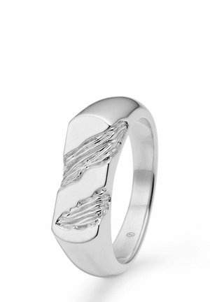 Silberner Ring mit einem glatten, polierten Band und strukturierten Akzenten, die abstrakte Wellen auf der Oberfläche darstellen.