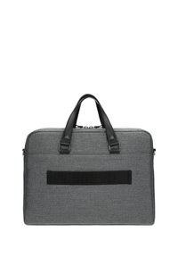 Borsa per laptop grigia con un tessuto texturizzato e dettagli in pelle nera, dotata di doppi manici e una cintura nera frontale. Chiusura con cerniera.
