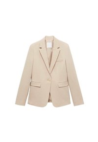 Blazer beige en tissu lisse, doté d'une fermeture à un bouton, de revers crantés, de deux poches avant et d'un détail pochette.