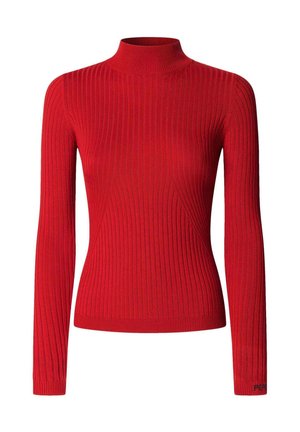 Röd ribbad turtleneck-tröja med långa ärmar, mjuk textur, figurnära design och subtil logotypdetalj vid manschetten.
