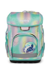 Sac à dos dégradé pastel avec motif à bulles, équipé d'une poche avant et d'un autocollant représentant une créature mythique bleue ; doté de bretelles réglables.
