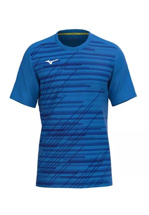 Blauw sportshirt met korte mouwen met donkere diagonale en horizontale strepenpatronen en een wit logo op de linkerborst.