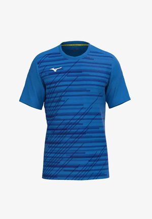 Blaues Sportshirt mit kurzen Ärmeln, dunklen diagonalen und horizontalen Streifen und einem weißen Logo auf der linken Brust.