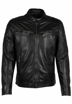 Veste en cuir noir avec col montant, fermeture éclair à l'avant et quatre poches zippées. Présente des accents matelassés aux épaules et une finition lisse.