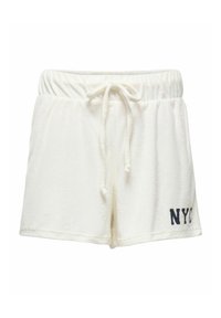 Weiße Frottee-Shorts mit elastischem Bund und Kordelzug. Auf der linken Seite ist "NYC" in marineblauer Schrift aufgedruckt. Weiche Textur.