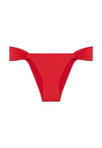 Červené bikiny s monokinem a mašličkami po stranách, bezešvý design a hladká textura. Vysoké leg openings zvýrazňují siluetu.