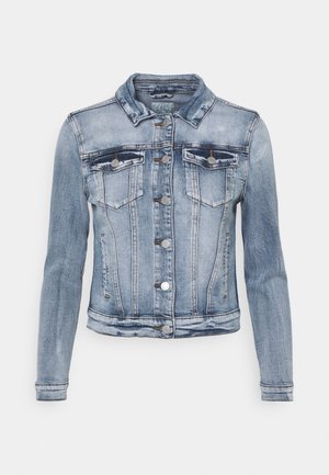 Light blue denim jacket with a collar, front button closure, two chest pockets, and long sleeves. Features faded texture and contrast stitching.