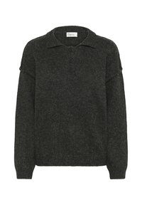 Dark gray long-sleeve knit sweater with collar and three black buttons at the front neckline, ribbed cuffs and hem.