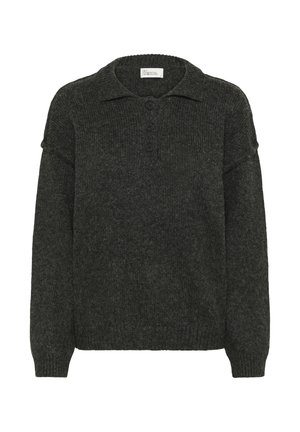 Dark gray long-sleeve knit sweater with collar and three black buttons at the front neckline, ribbed cuffs and hem.