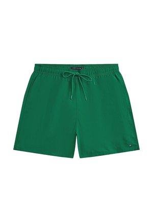 Costume da bagno da uomo verde con vita elastica, tasche anteriori, coulisse e piccolo logo sulla gamba sinistra.