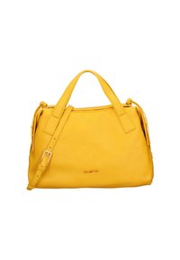 Sac à main en cuir jaune avec une finition texturée, double poignée, bandoulière réglable et fermeture zippée ; présente un logo à l'avant.