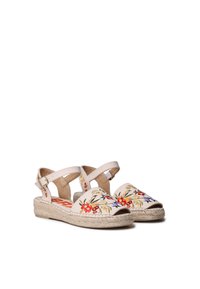 Embroidered espadrille sandals in cream fabric with floral patterns. Features adjustable ankle straps and a jute rope sole.