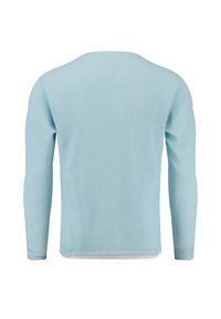 Maglietta azzurro chiaro a manica lunga con un design a coste testurizzato, scollatura rotonda e orlo dritto. Il tessuto sembra morbido e traspirante.