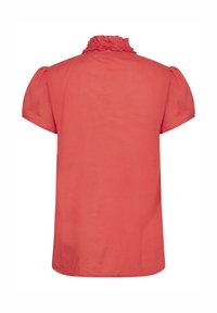 Blusa corta corallo a maniche corte con un collo alto arruffato e una texture morbida e liscia. Taglio semplice e dritto senza ulteriori motivi o accenti.