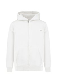 Hvid zip-up hoodie lavet af blødt stof, med en rummelig frontlomme, ribbede manchetter, en hætte med snøre og et lille logo-patch.