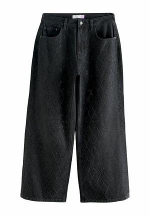 Black wide-leg jeans with diamond-patterned cutouts and metallic accents, featuring front pockets and a button closure.