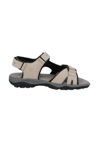 Herrsandaler med beige syntetiskt överdel, justerbara remmar, svarta accenter och grå gummisula, med en öppen tådesign för ventilation.