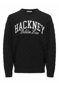 Schwarzer Strickpullover mit Rundhalsausschnitt, mit aufgedrucktem weißen "HACKNEY Dalston Lane" Schriftzug auf der Vorderseite. Gerippte Bündchen und Saum.