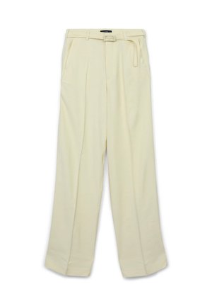 Pantaloni a gamba larga color crema con vita alta, passanti per cintura, pieghe e tasche laterali. Texture morbida e design su misura.