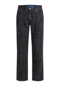 Jeans negri din denim cu un model texturat format din litere mari, abstracte. Design drept, cu un stil clasic cu cinci buzunare și brâu cu nasture.
