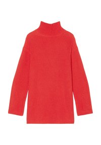 Pull en laine rouge tricoté avec un col roulé haut, des manches larges et une coupe décontractée. Texture côtelée sur toute la surface. Vue de dos présentée.