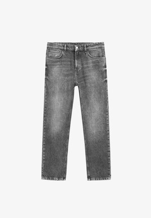Grå denim jeans med et lige ben-design, fem lommer, knaplukning og subtil fading. Klassisk konstruktion med synlige syninger.