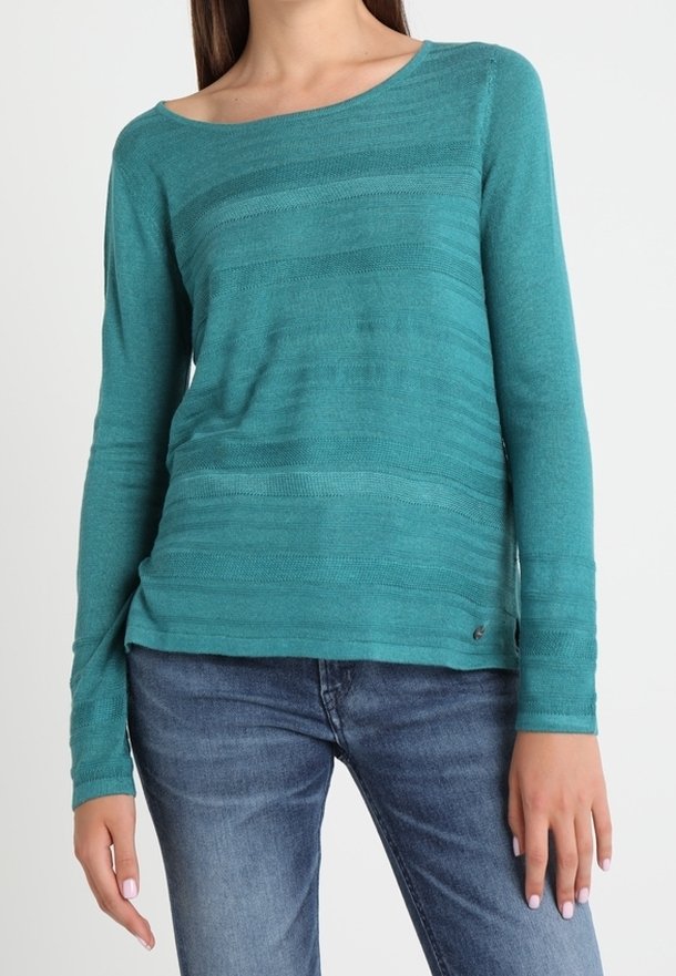 Teal long-sleeve sweater with a boat neckline, featuring horizontal stripes and a relaxed fit. Made from a soft, lightweight material.