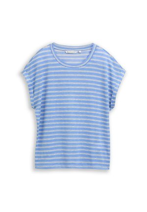 Chemise bleu clair à manches courtes avec des rayures horizontales blanches, col rond et coupe décontractée.