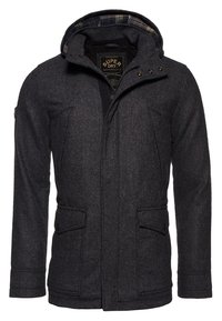 Donkergrijze jas van een wolmix met een geruite capuchonvoering, twee zakken aan de voorkant, ritssluiting en knoopdetails. Heeft een moderne, getailleerde pasvorm.