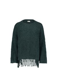 Dunkelgrüner, strukturierter Pullover mit lockerer Passform und fransigem Saumdetail. Verfügt über einen runden Halsausschnitt und lange Ärmel.