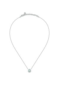 Collana in argento con pendente a forma di gemma rotonda di colore azzurro chiaro, caratterizzata da una catena sottile e delicata e una chiusura a moschettone standard.