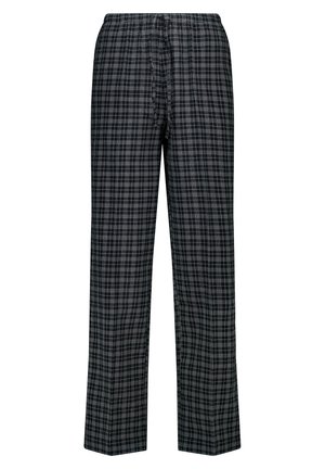 Black and gray plaid pajama pants with a loose fit, elastic waistband, and a smooth fabric texture. Straight leg design.