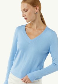 Hellblaues V-Ausschnitt-Pullover mit langen Ärmeln, gerippten Bündchen und glatter Textur. Besitzt dezente Details entlang des Ausschnitts.