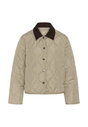 Veste matelassée beige avec surpiqûres ondulées, col marron foncé, fermeture à boutons sur le devant et manches longues.