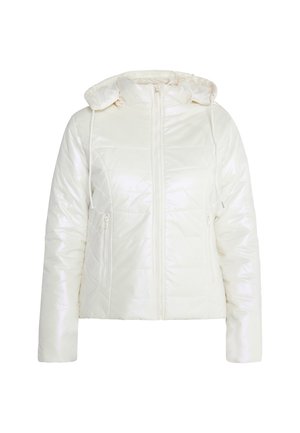 Padded jacket in shiny white fabric, featuring a hood, front zip closure, and two zippered side pockets with quilted design.