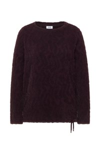 Fioletowy, miękki sweter z okrągłym dekoltem, długimi rękawami i sznurkiem u dołu. Posiada subtelny wzór dodający tekstury. Marka: Cecil.