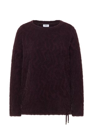 Maglione viola e soffice con collo rotondo, maniche lunghe e coulisse all'orlo. Presenta un motivo sottile per la trama. Marca: Cecil.