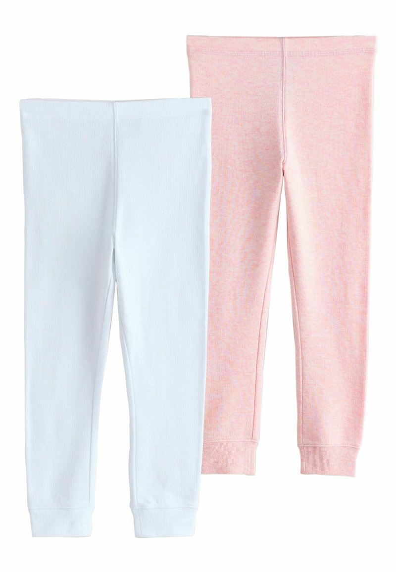 Două perechi de leggings: una de culoare albastru deschis și una de culoare roz deschis, ambele cu textură canelată, design ajustat și manșete elasticizate la glezne.