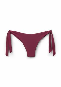Bas de bikini en bourgogne profond, fabriqué en tissu lisse. Présente des accents à nouer de chaque côté, avec un design à taille basse.