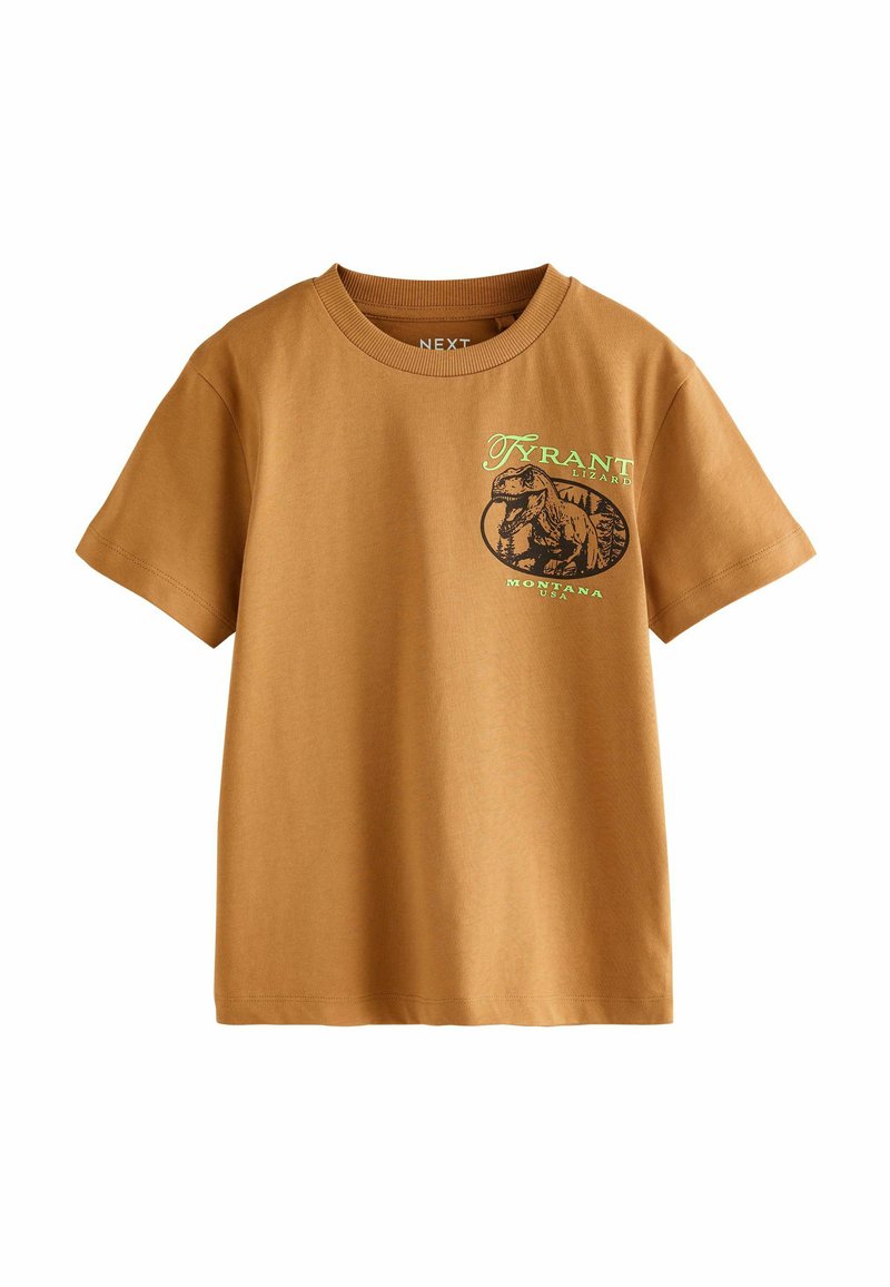 Braunes Baumwoll-T-Shirt mit kurzen Ärmeln und rundem Halsausschnitt. Auf der Vorderseite befindet sich ein grafischer Aufdruck eines Dinosauriers sowie Text in Grün und Schwarz.
